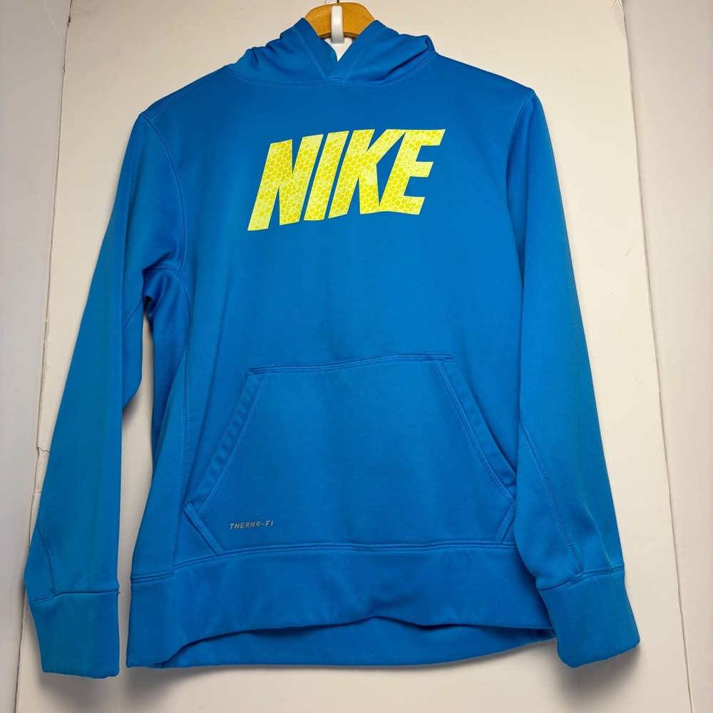 Nike Kids Therma-FIT Hoodie Blue Yellow Graphic Pullover Sweatshirt XL